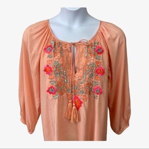 Kyra Beaded Embroidered Boho Tunic Keyhole Top L